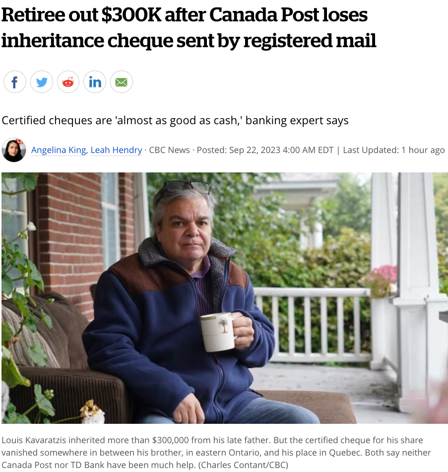 加拿大男子恐痛失$30万，邮政局寄丢挂号信，里面是已故父亲的遗产