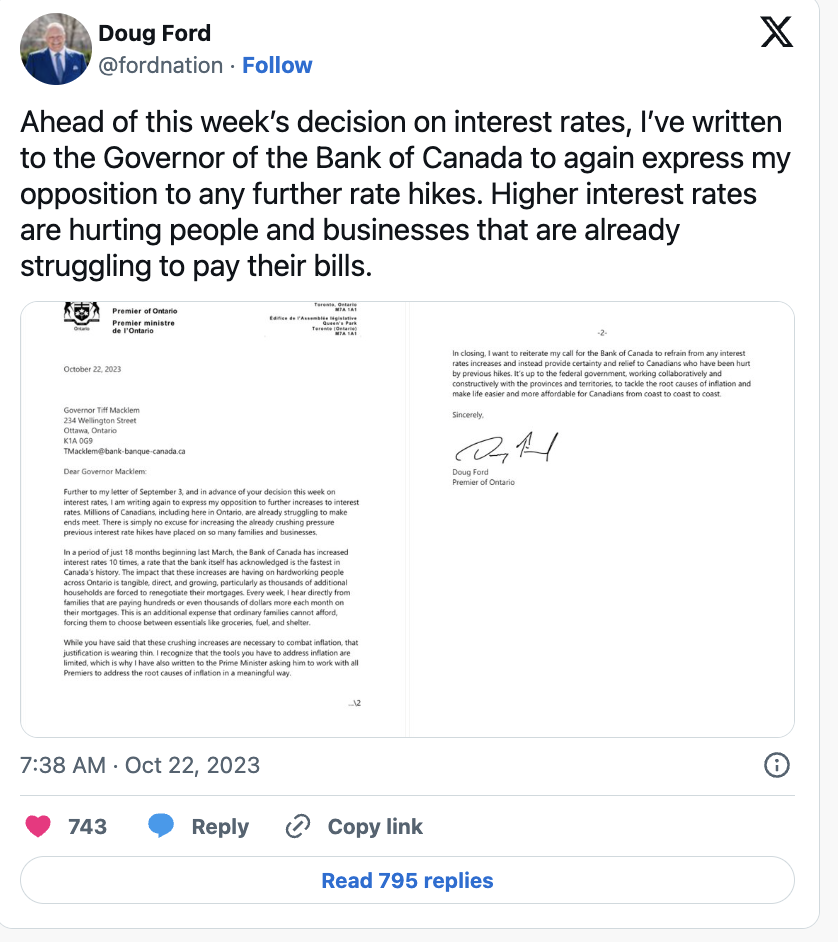 火药味！加拿大央行行长警告各省长！少干预央行利率决定！但阻止不了福特！