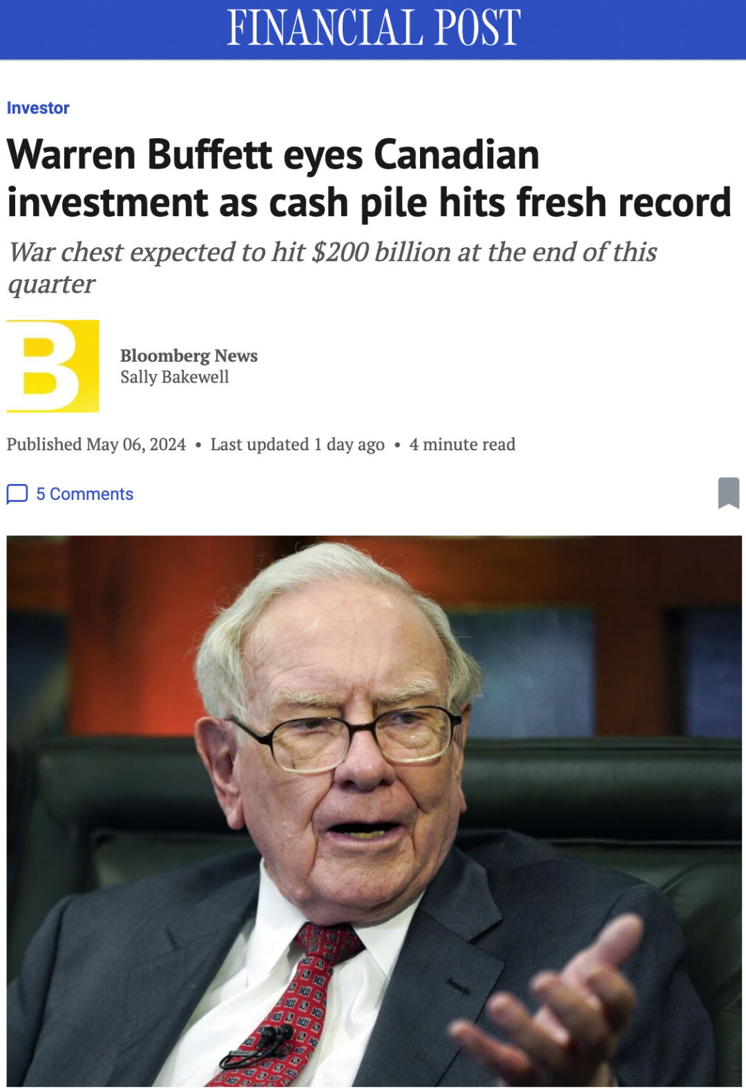 股神巴菲特手持近$2000亿现金，重磅投资加拿大！接班人选定是他！